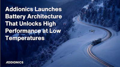 Addionics battery technology announcement with winter mountain road featuring truck and drone