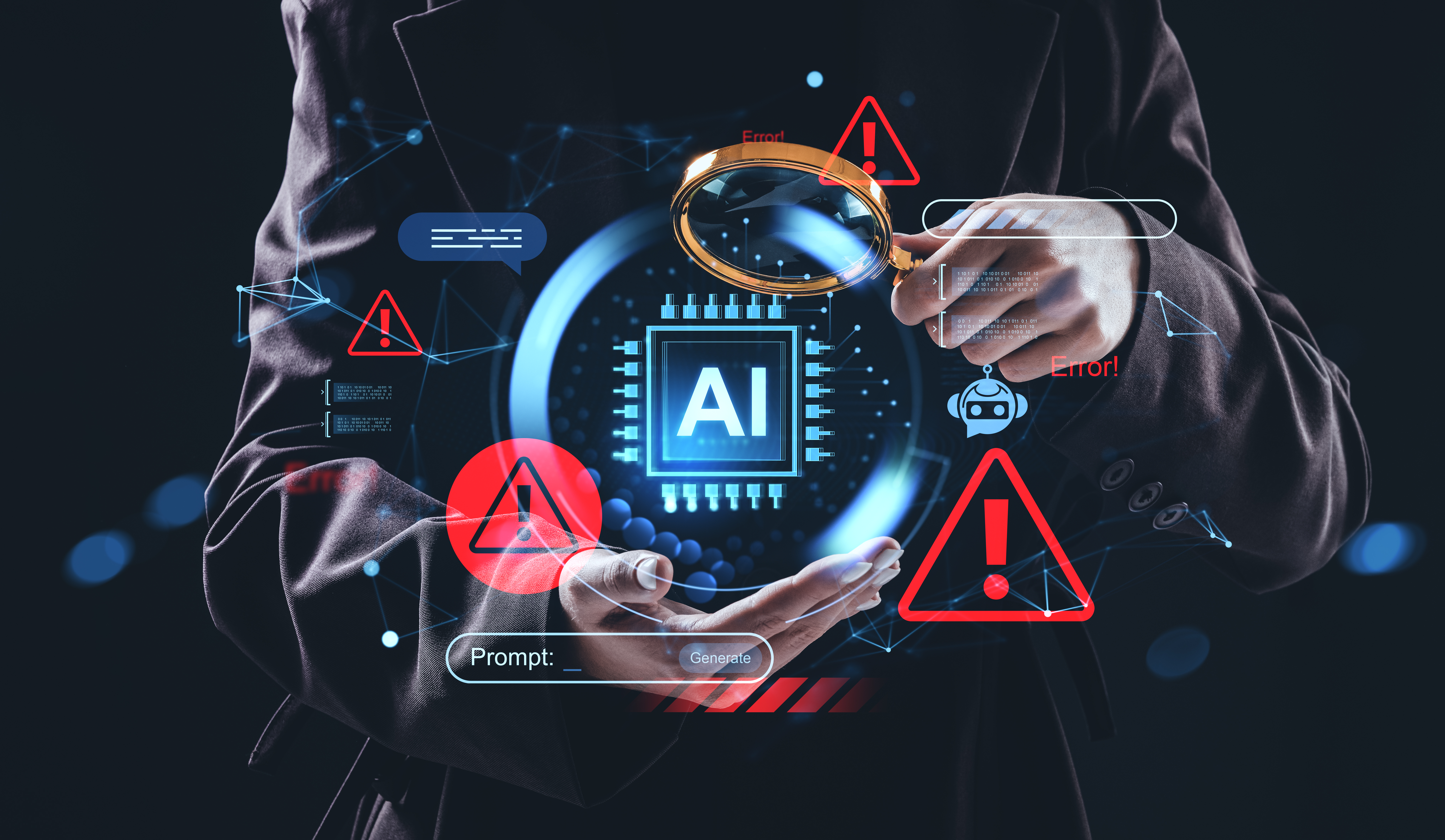 Person holding AI chip with warning symbols and error messages illustrating AI risks and system failures