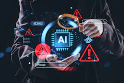 Person holding AI chip with warning symbols and error messages illustrating AI risks and system failures