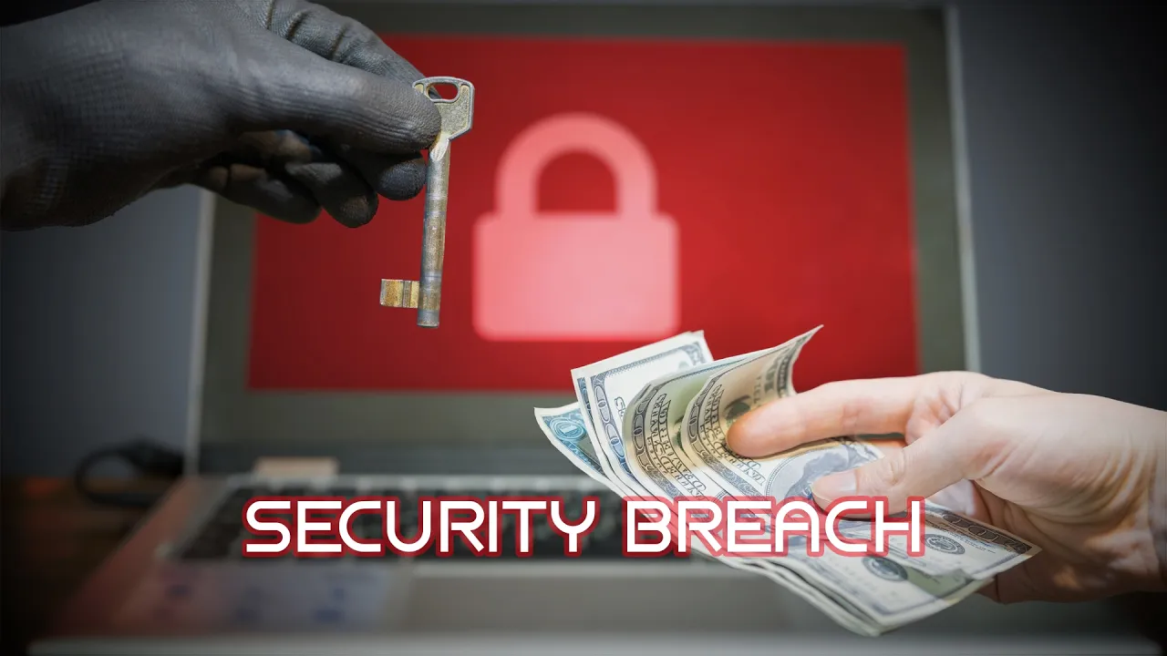 Security breach illustration showing hand holding key, glowing padlock on red screen, and cash exchange representing cybercrime