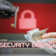Security breach illustration showing hand holding key, glowing padlock on red screen, and cash exchange representing cybercrime