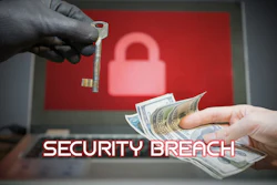 Security breach illustration showing hand holding key, glowing padlock on red screen, and cash exchange representing cybercrime