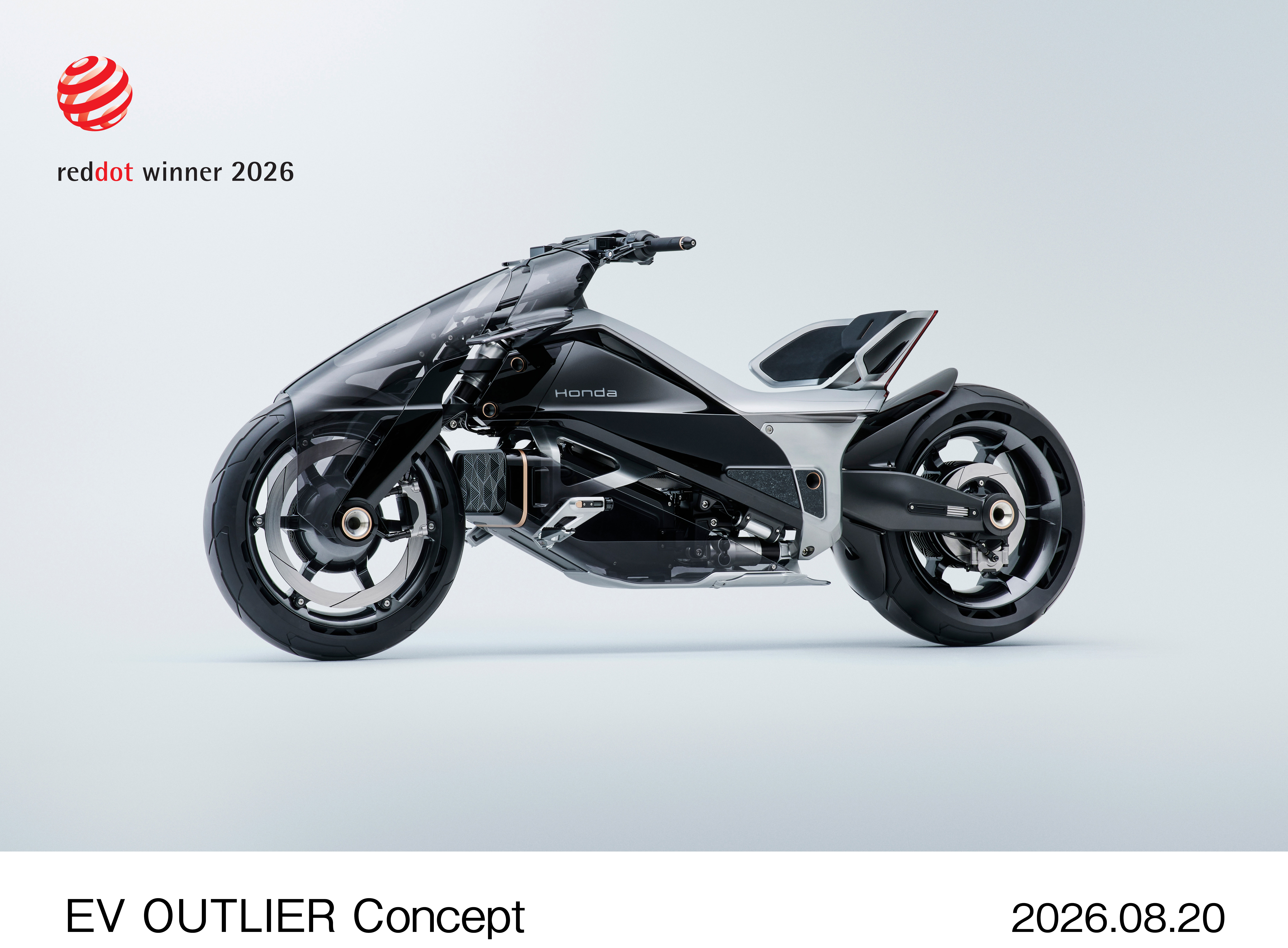 Honda EV Outlier Concept electric motorcycle in black and silver, Red Dot Design Award winner 2026