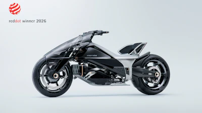 Honda EV Outlier Concept electric motorcycle in black and silver, Red Dot Design Award winner 2026