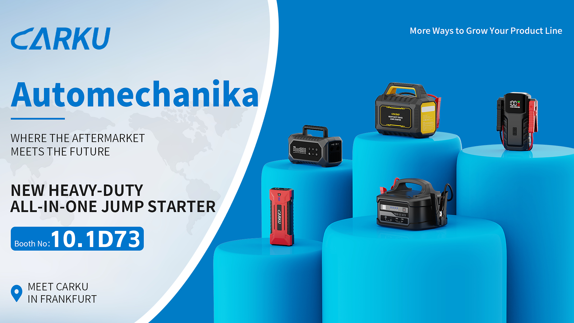 CARKU Automechanika booth display featuring heavy-duty jump starters on blue platforms