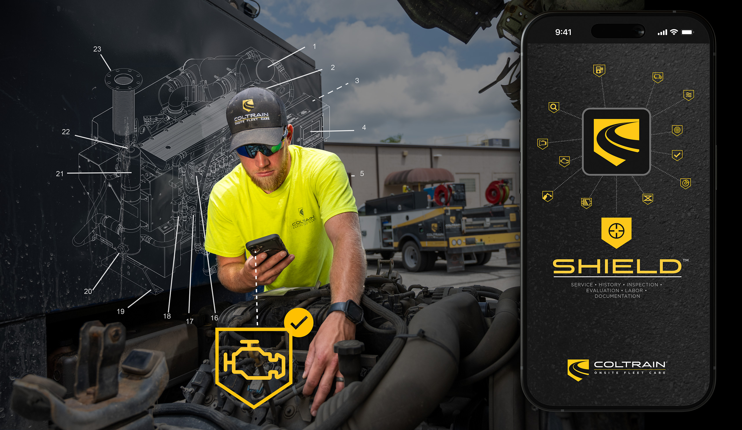 Construction worker in safety gear using Shield mobile app on smartphone at job site