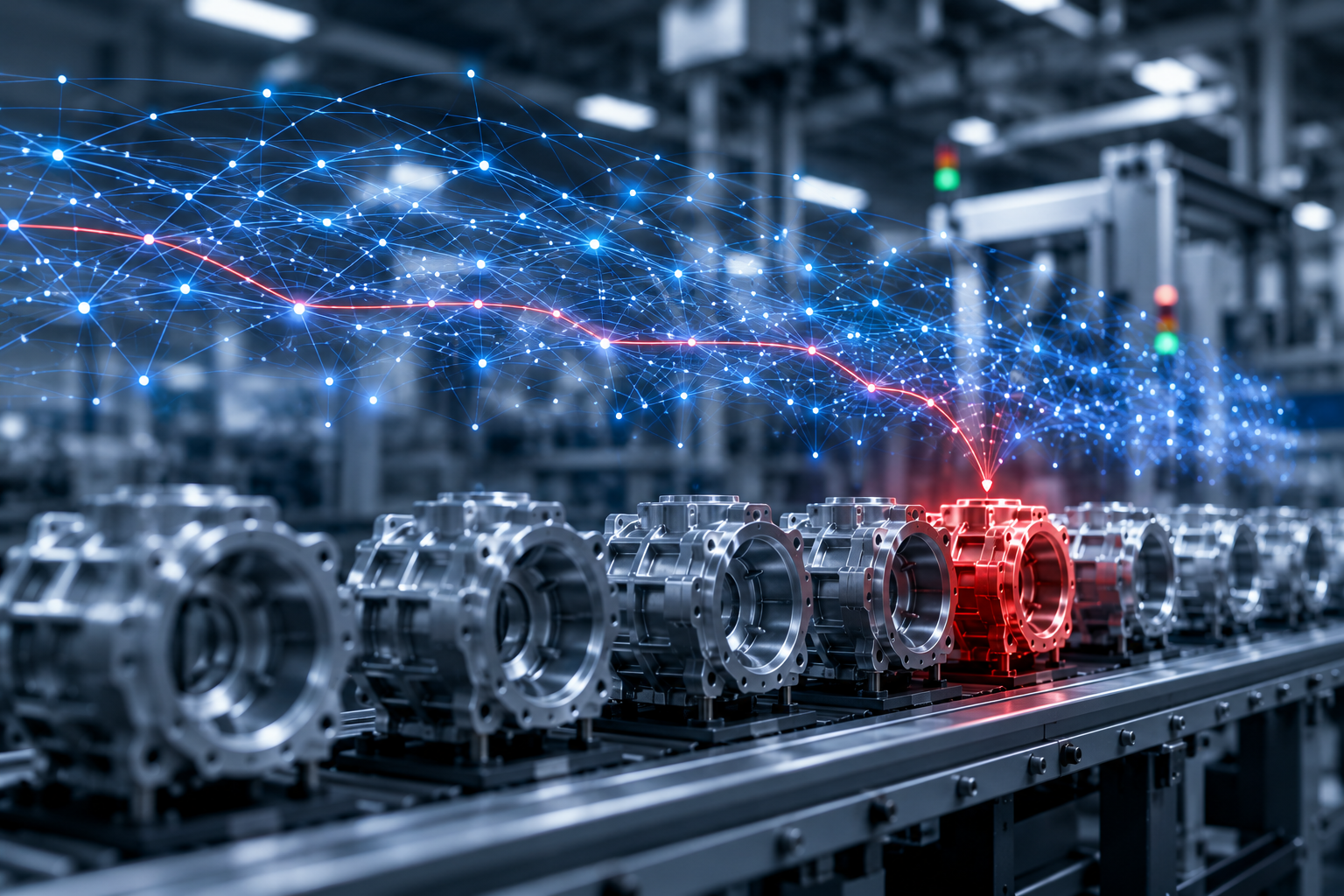 Industrial manufacturing facility with metallic engine components on assembly line and blue digital network overlay with declining red trend indicator