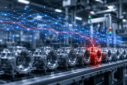 Industrial manufacturing facility with metallic engine components on assembly line and blue digital network overlay with declining red trend indicator