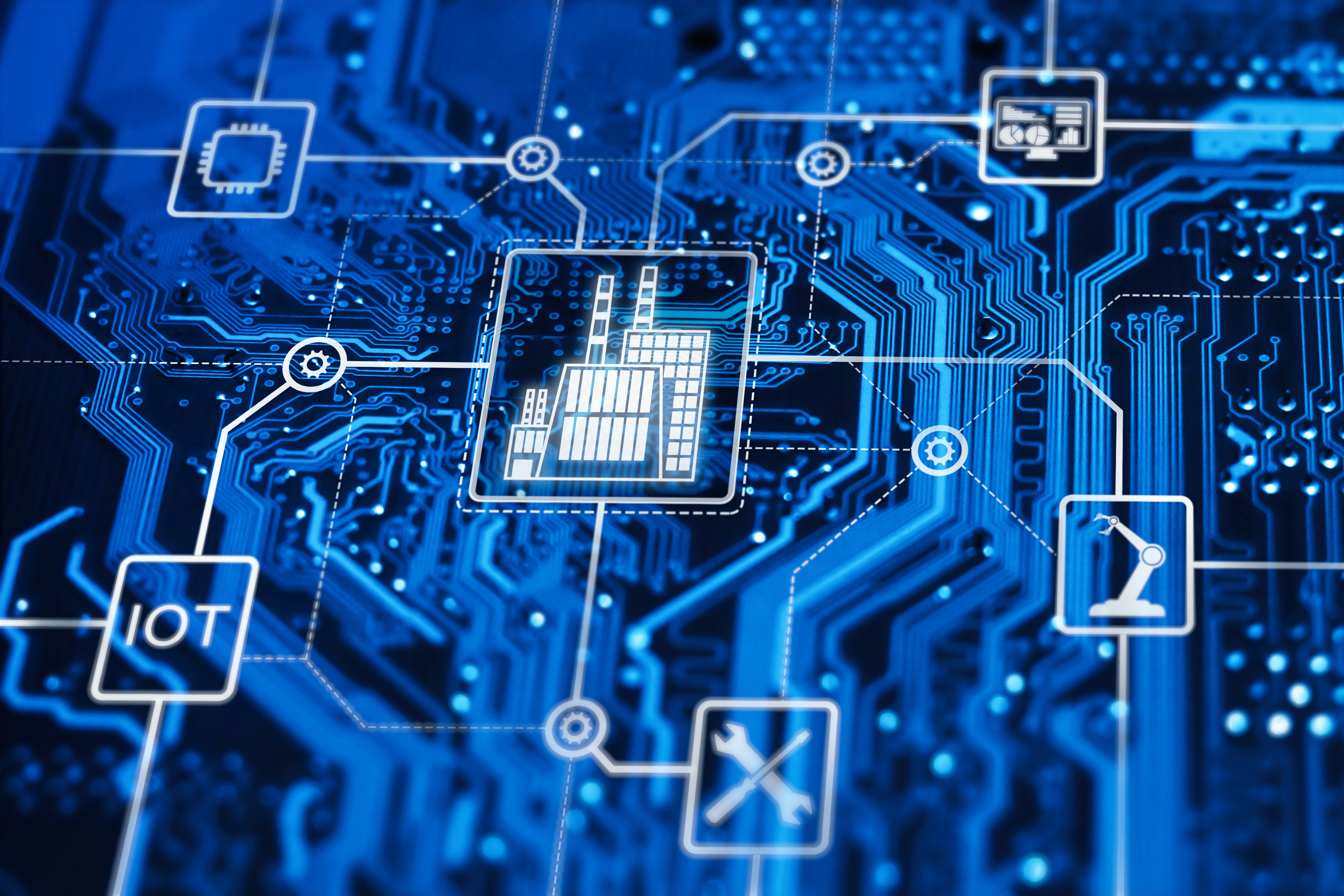 Digital circuit board network with interconnected technology icons including CPU, IoT, and robotic systems on blue background