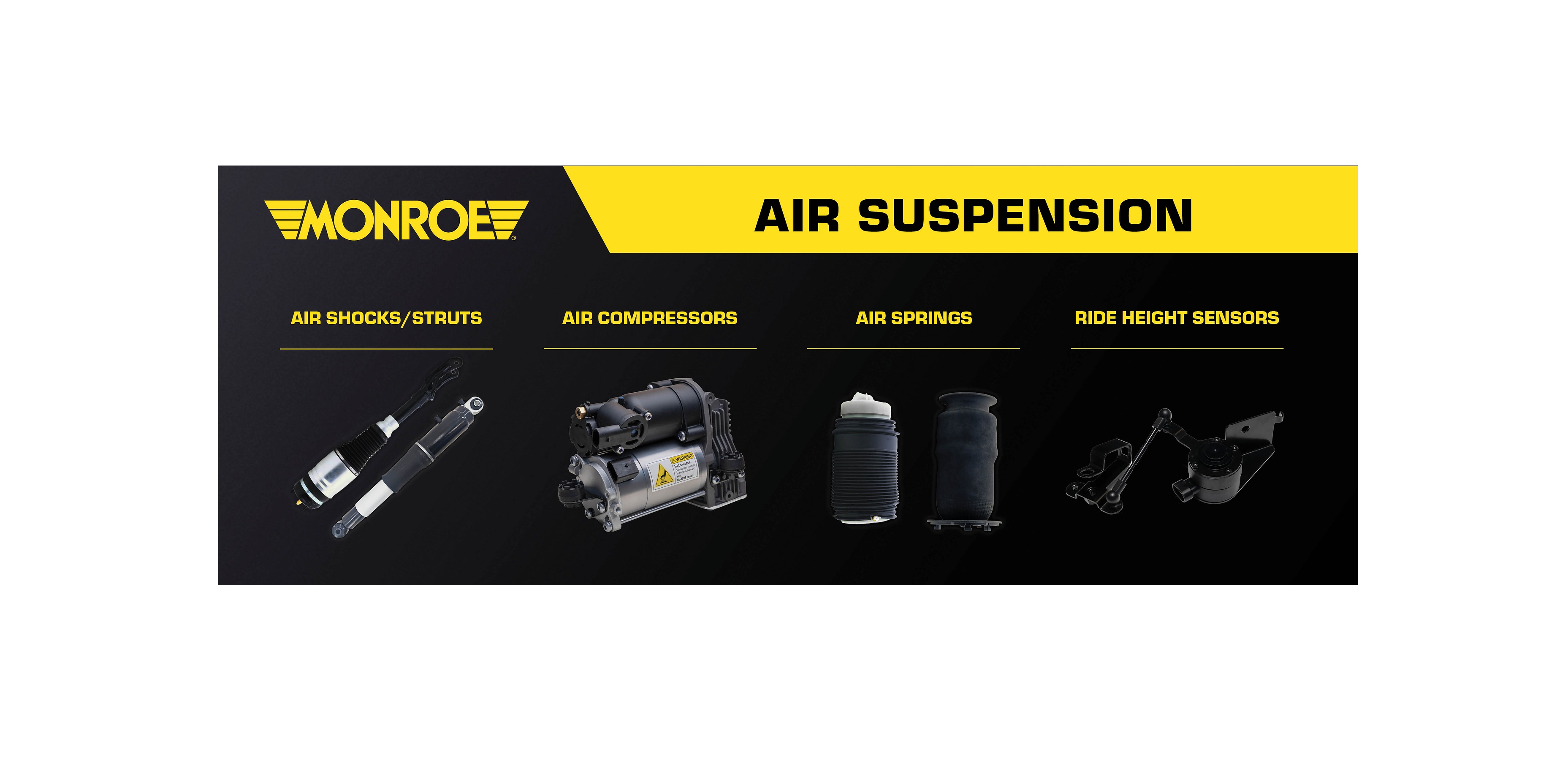 Monroe air suspension product categories including air shocks, compressors, springs, and ride height sensors