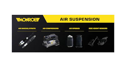 Monroe air suspension product categories including air shocks, compressors, springs, and ride height sensors