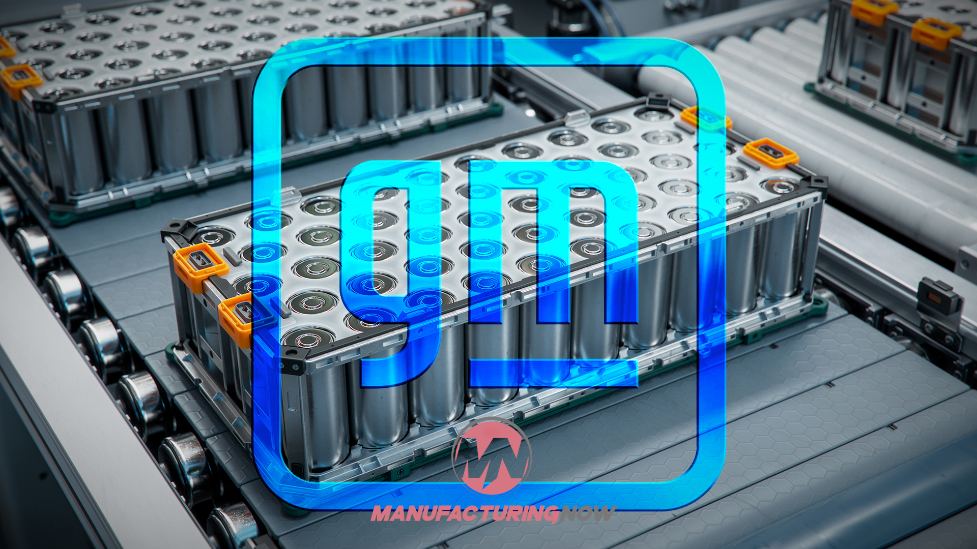 Manufacturing company logo with cyan geometric symbol and red text overlaid on industrial battery production facility