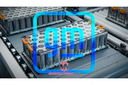 Manufacturing company logo with cyan geometric symbol and red text overlaid on industrial battery production facility