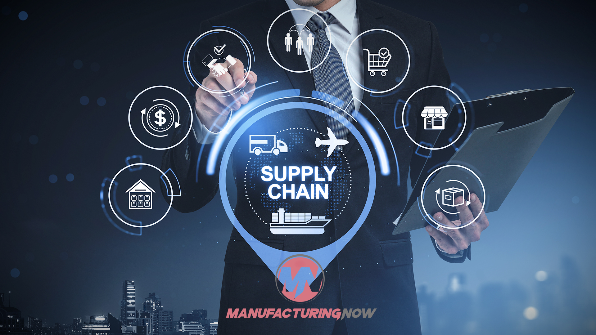 Businessman gestures toward supply chain diagram with logistics icons including shipping, retail, manufacturing, and delivery symbols against a city skyline background.