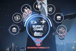 Businessman gestures toward supply chain diagram with logistics icons including shipping, retail, manufacturing, and delivery symbols against a city skyline background.