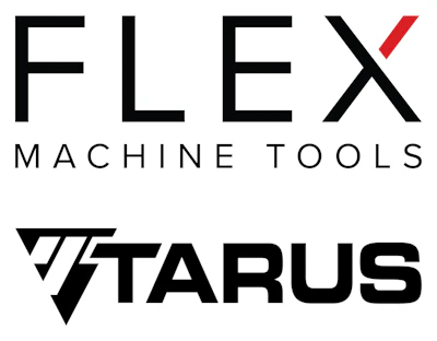 FLEX Machine Tools and TARUS logos featuring geometric symbols and bold typography
