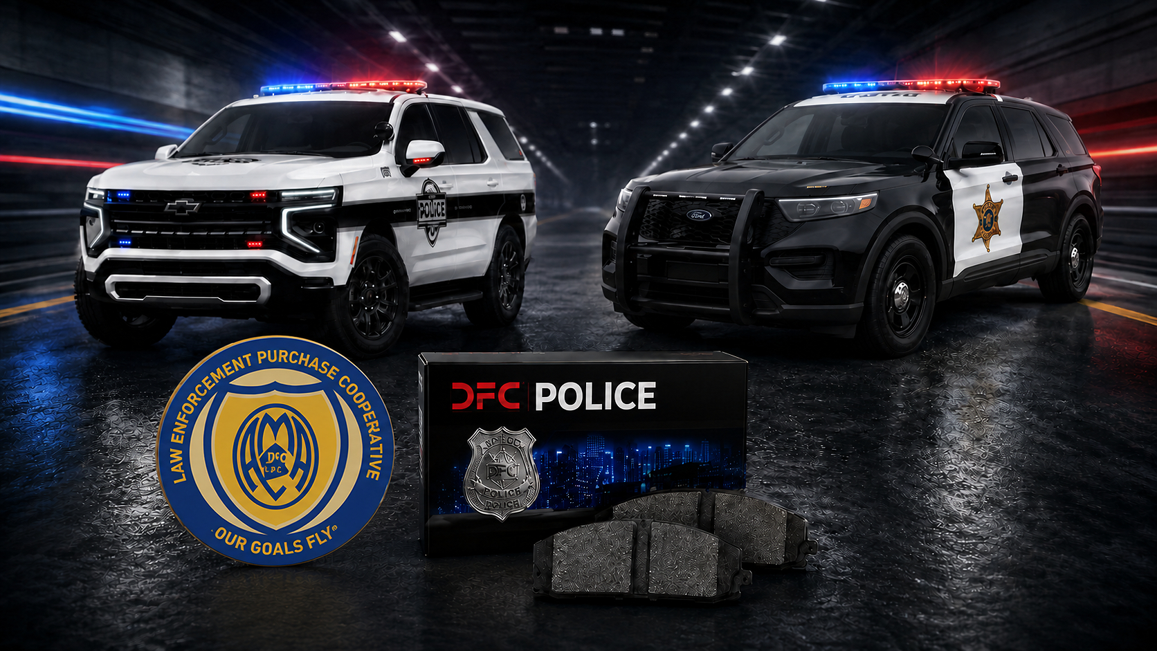 Two police SUVs with DFC Police emblems and badges displayed in urban setting with blue and red emergency lights