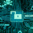 Digital security threat visualization showing circuit board with padlock, skull icons, and cybersecurity warnings including data leak, security breach, and virus detected alerts