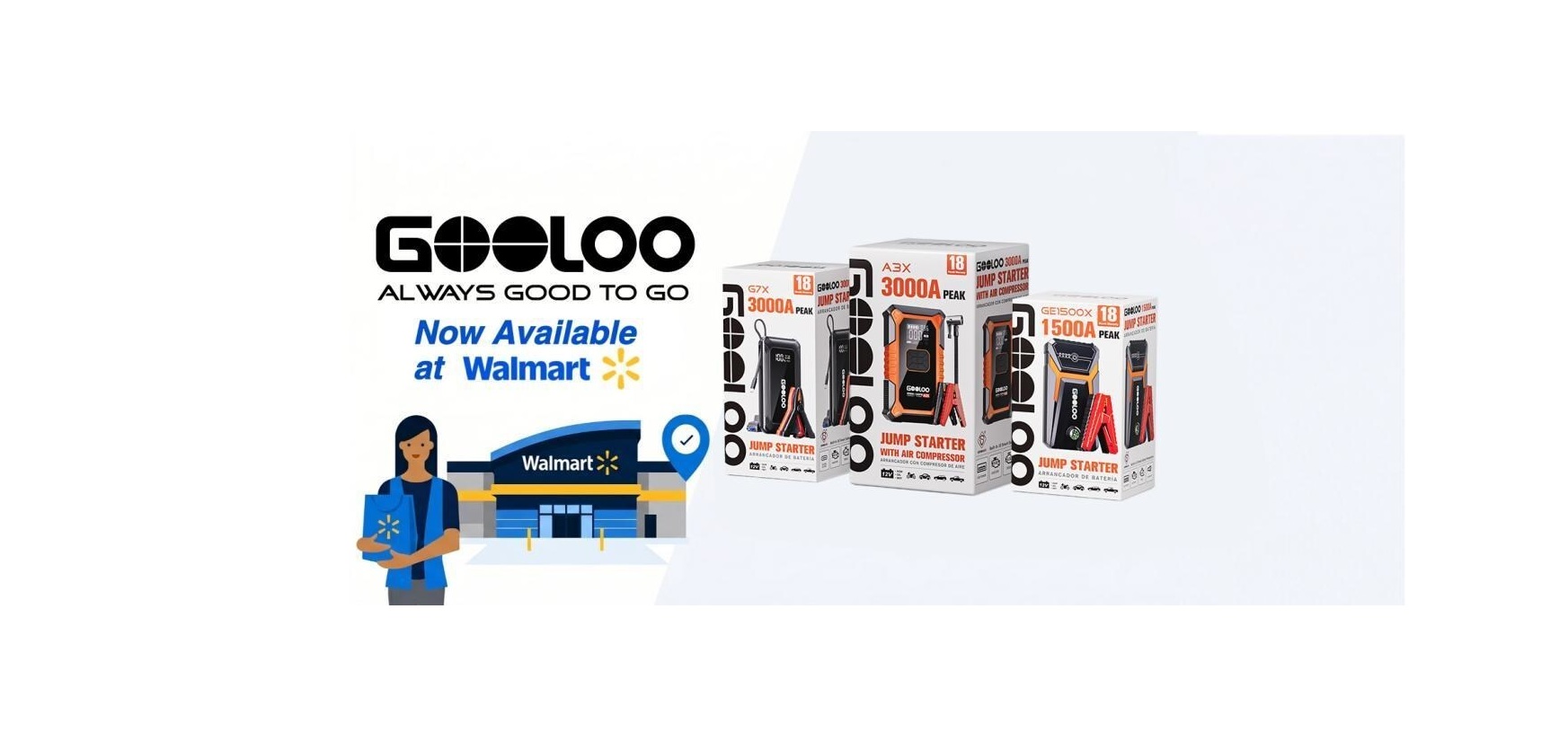 Gooloo power bank products now available at Walmart, featuring portable jump starter and battery packs
