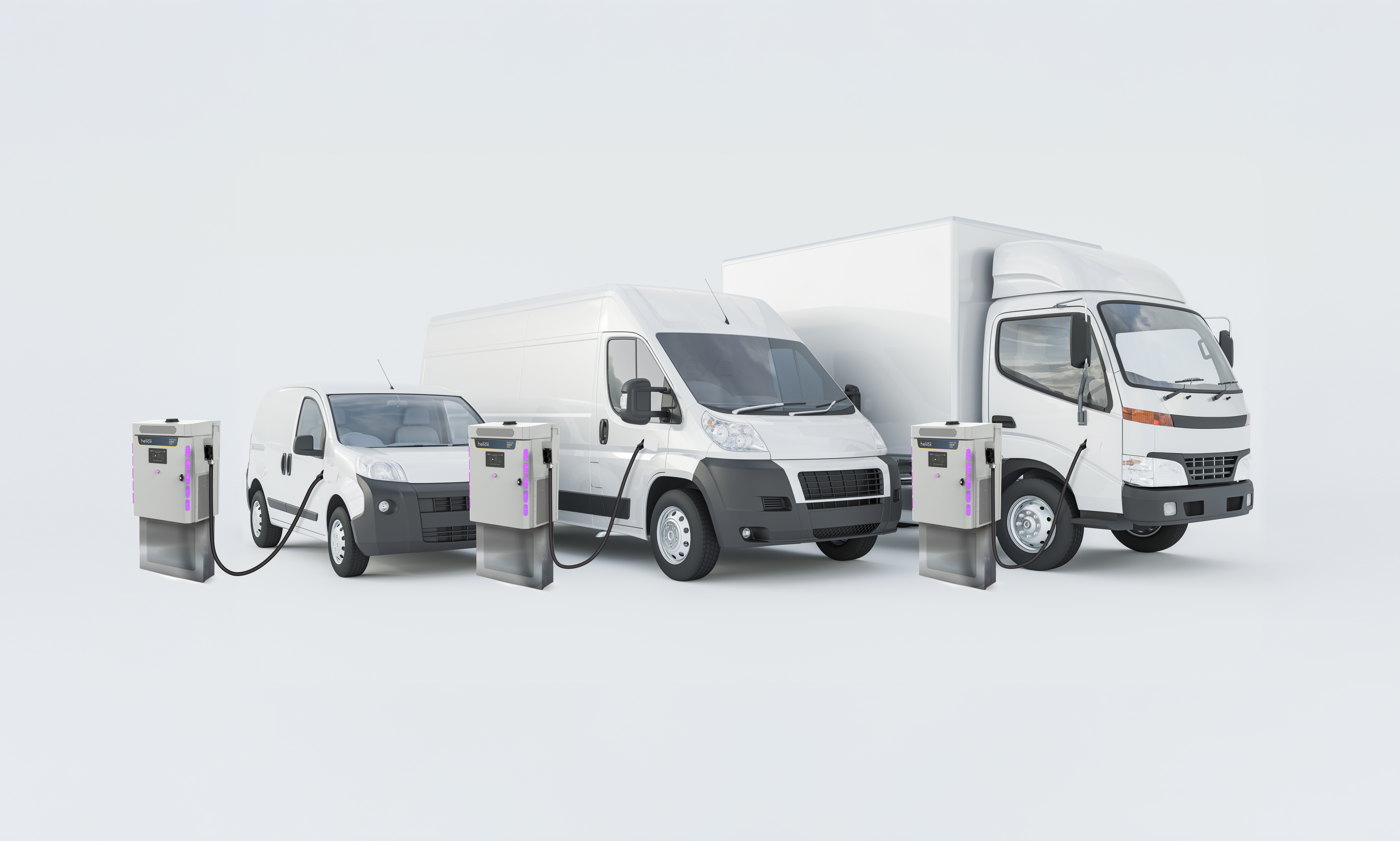Three electric vehicles with purple charging stations demonstrating EV fleet solutions