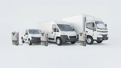 Three electric vehicles with purple charging stations demonstrating EV fleet solutions