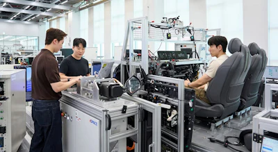 Engineers assembling automotive seats and components in a modern manufacturing facility with industrial equipment and workstations.