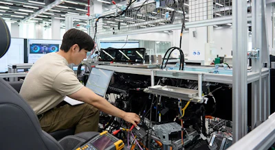Technician assembling and testing industrial machinery components at workstation in modern manufacturing facility