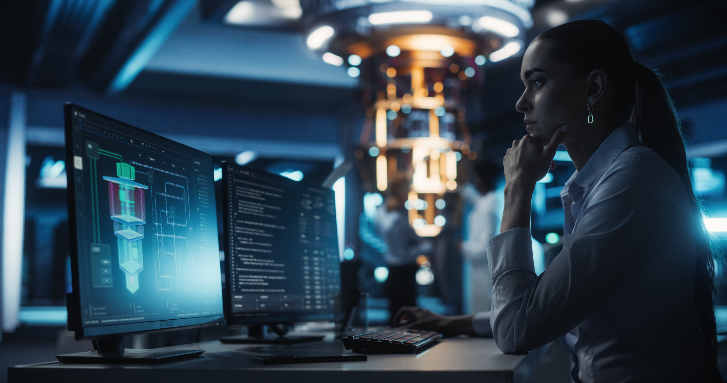 Woman in lab coat analyzing data on computer screens in modern tech facility with equipment