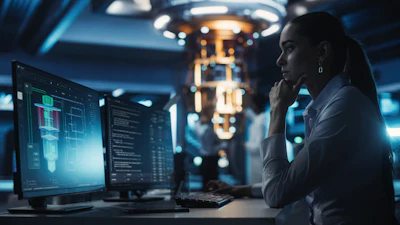 Woman in lab coat analyzing data on computer screens in modern tech facility with equipment