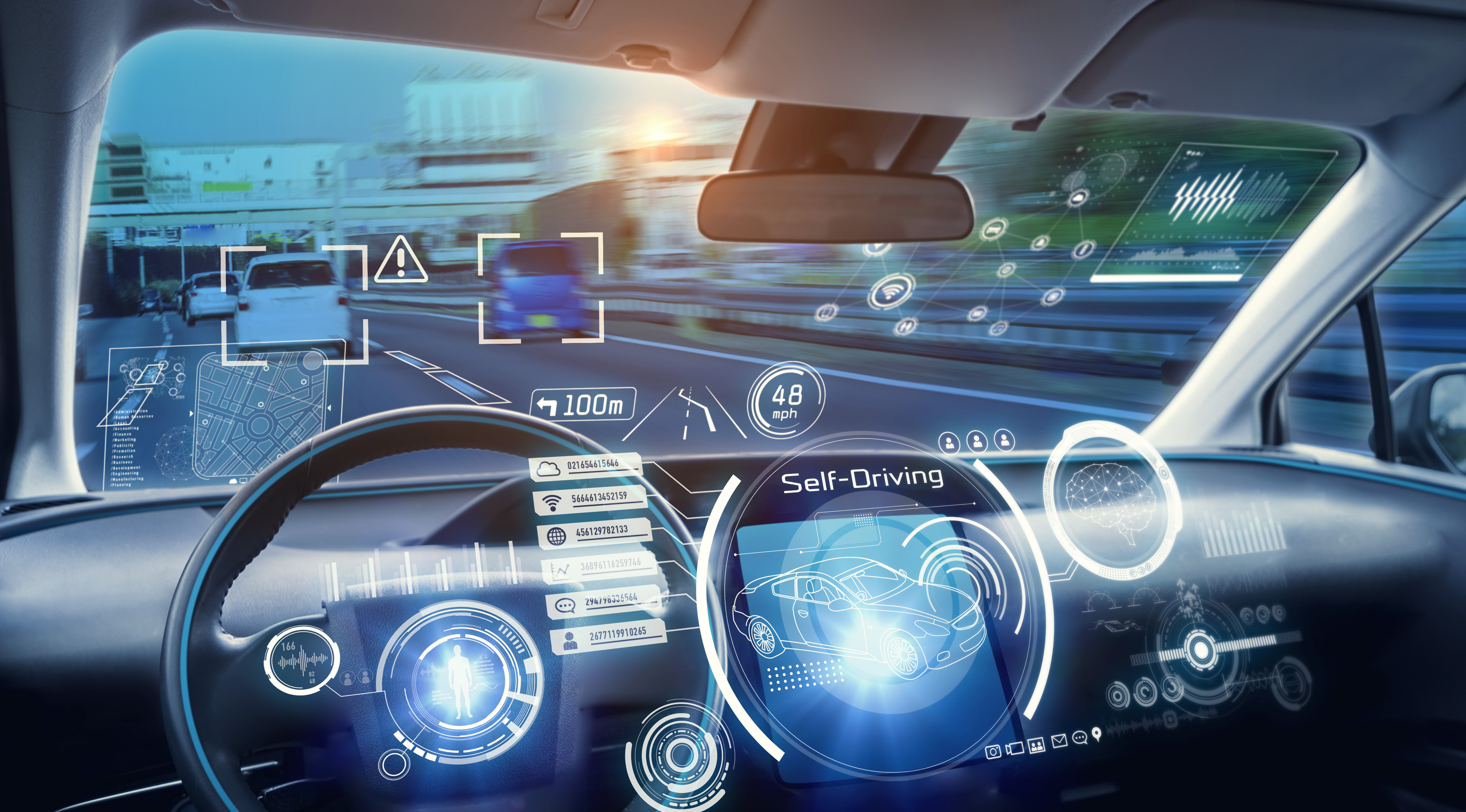 Futuristic self-driving car dashboard with augmented reality interface showing navigation, vehicle diagnostics, and autonomous driving controls