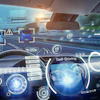 Futuristic self-driving car dashboard with augmented reality interface showing navigation, vehicle diagnostics, and autonomous driving controls