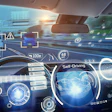 Futuristic self-driving car dashboard with augmented reality interface showing navigation, vehicle diagnostics, and autonomous driving controls