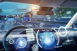 Futuristic self-driving car dashboard with augmented reality interface showing navigation, vehicle diagnostics, and autonomous driving controls