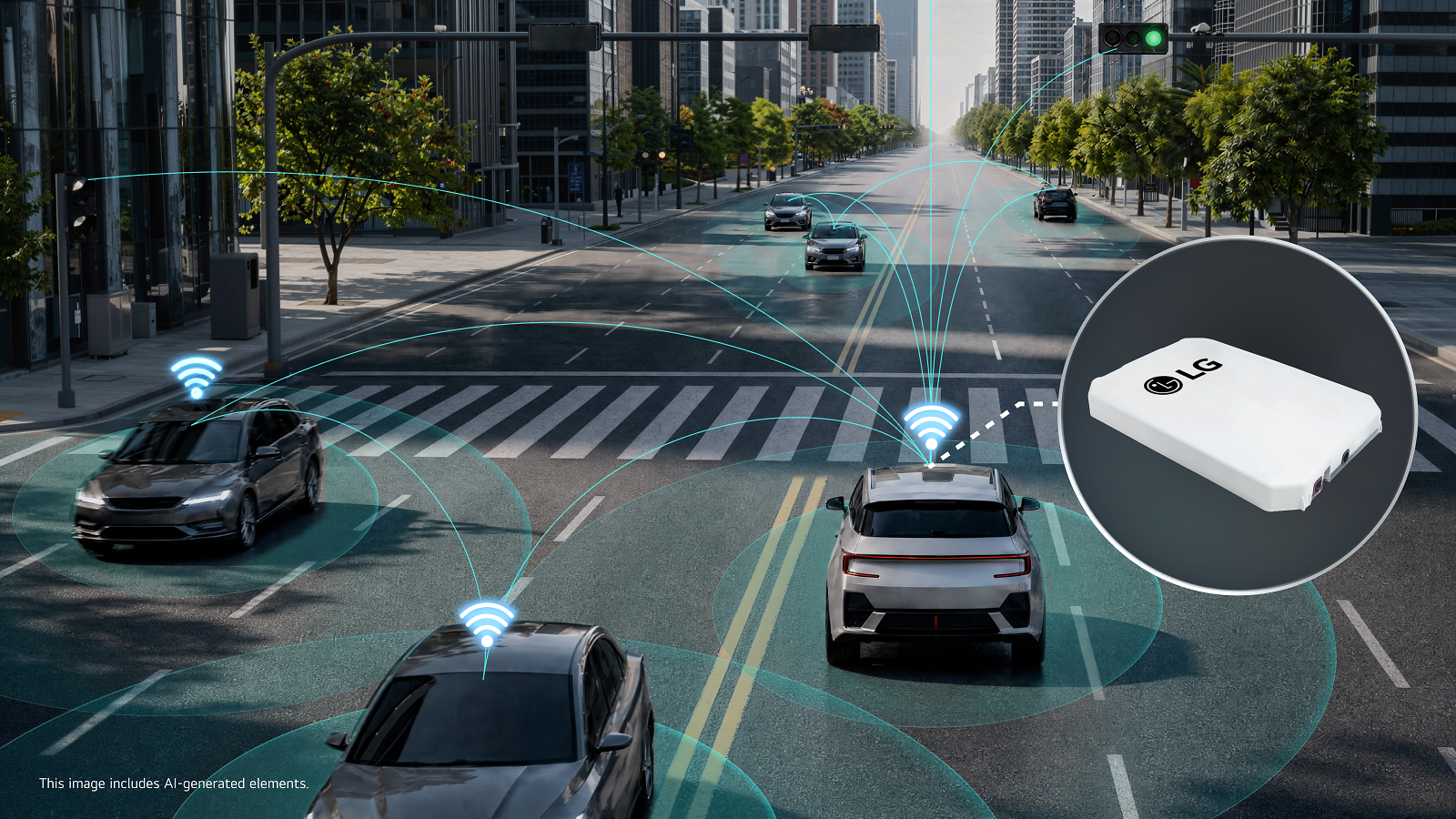 LG autonomous vehicle connectivity technology showing connected cars communicating on urban street with wireless signals