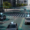 LG autonomous vehicle connectivity technology showing connected cars communicating on urban street with wireless signals