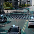 LG autonomous vehicle connectivity technology showing connected cars communicating on urban street with wireless signals