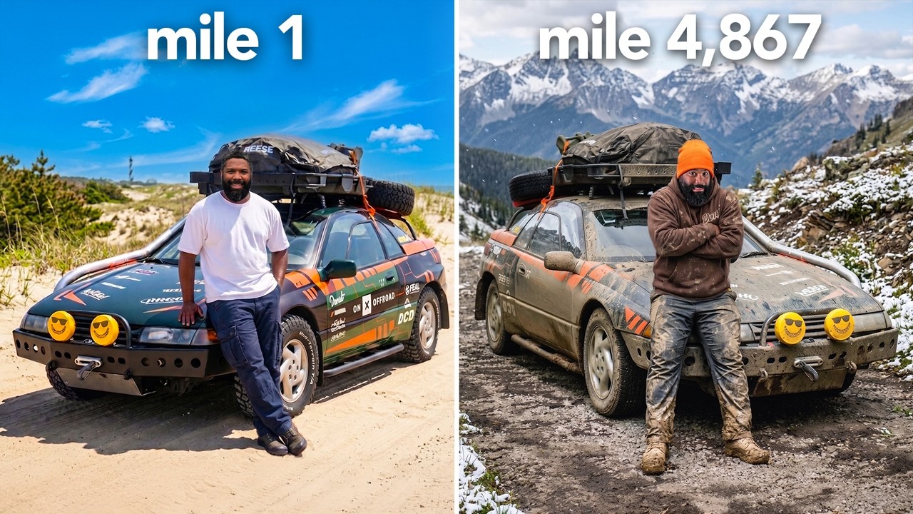 Before and after comparison of a 4,867-mile journey showing a person with a rally vehicle in desert and mountain terrain