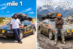 Before and after comparison of a 4,867-mile journey showing a person with a rally vehicle in desert and mountain terrain