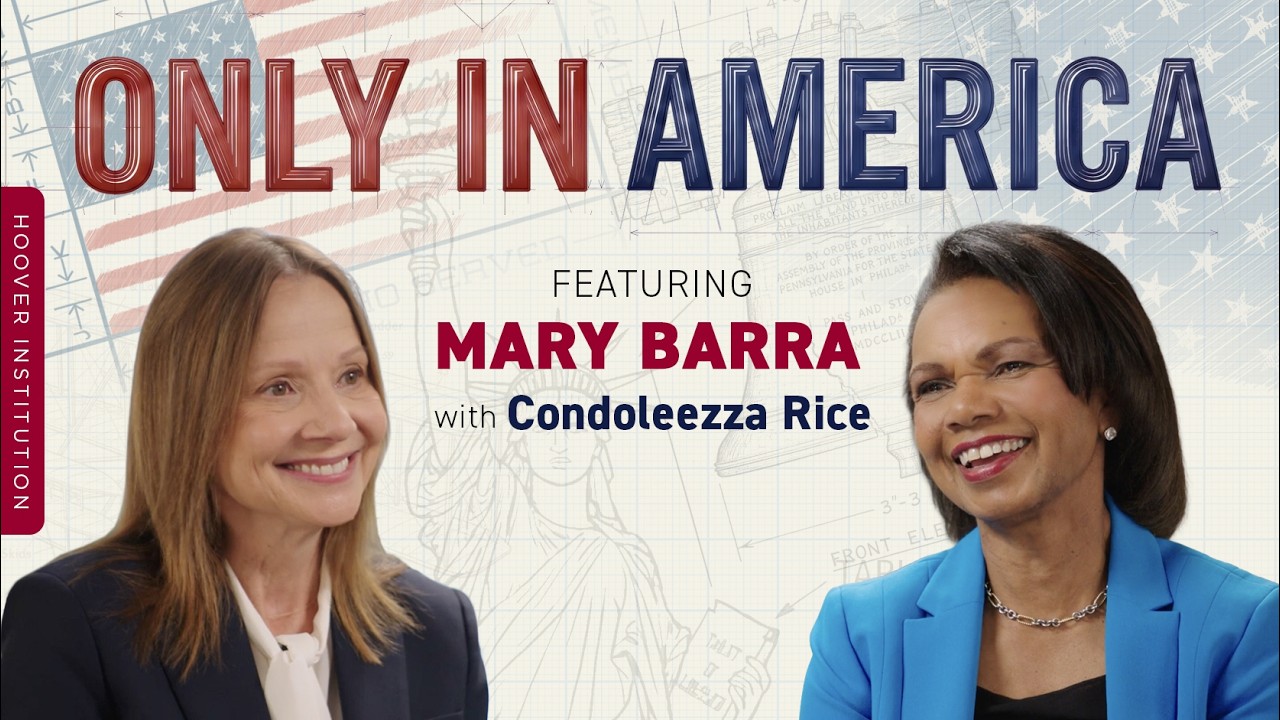 Book cover for 'Only in America' featuring Mary Barra with Condoleezza Rice, published by Hoover Institution