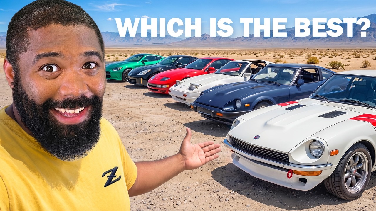Man in yellow shirt posing with collection of sports cars lined up in desert landscape