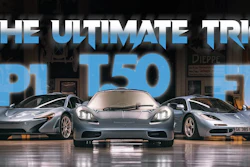 Three luxury sports cars displayed in showroom with 'The Ultimate Trio' text overlay