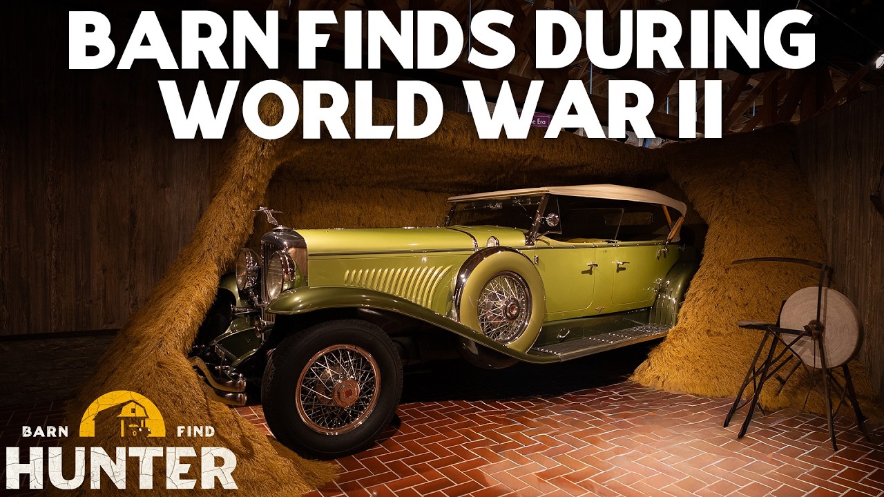 Vintage yellow convertible automobile discovered in barn during World War II restoration project