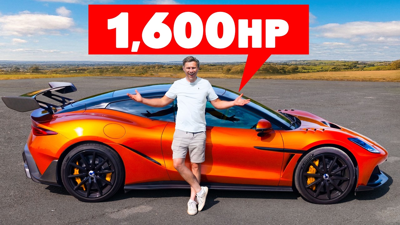 Man in white shirt posing with orange-red high-performance sports car featuring '1,600HP' text overlay