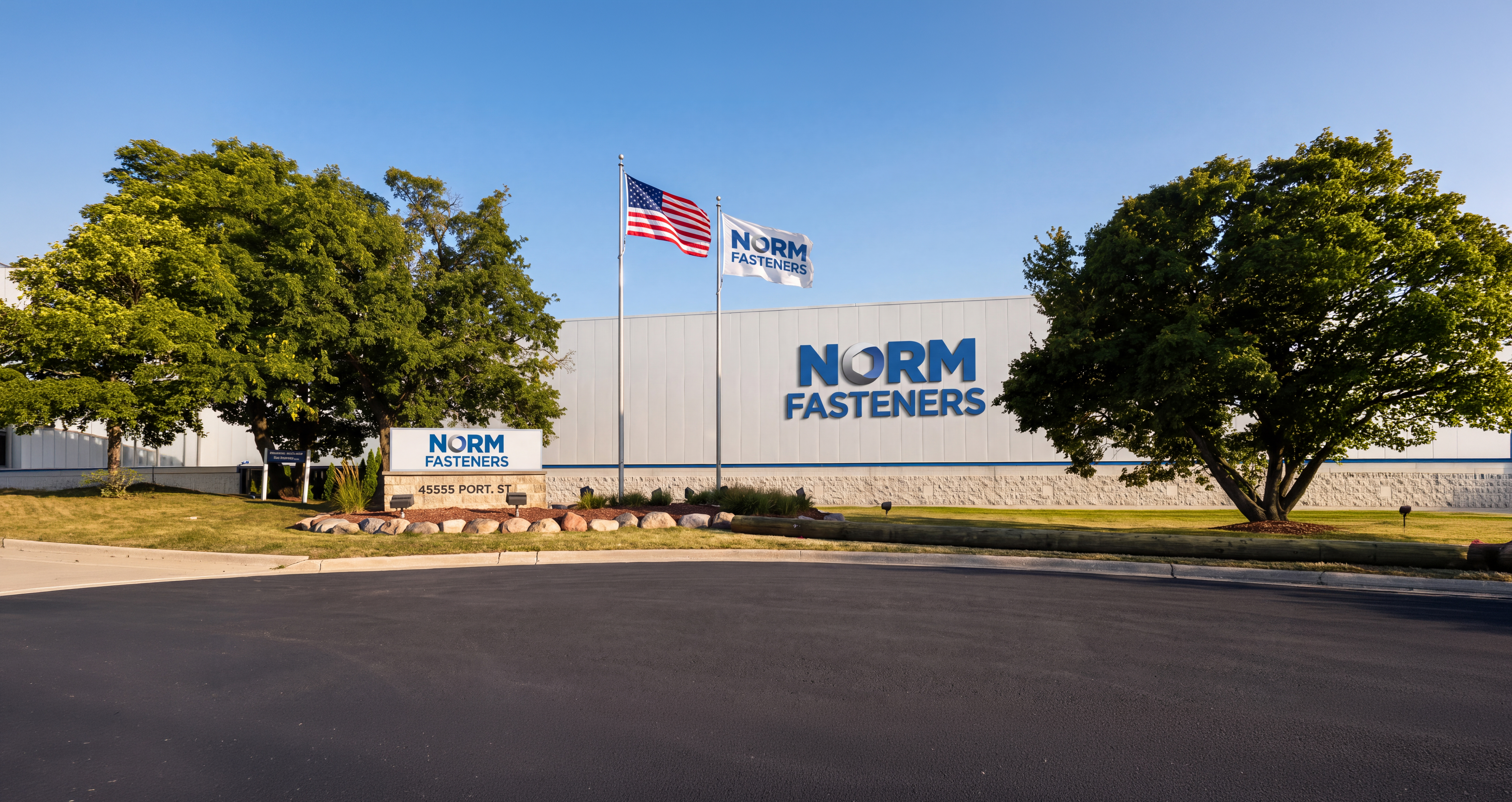 NORM Fasteners industrial facility exterior with company signage and American flag