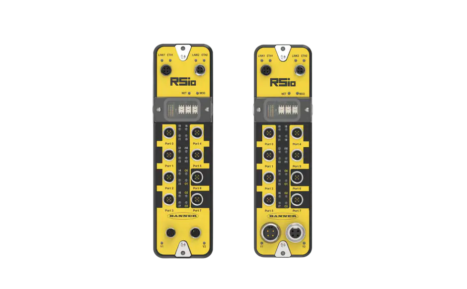 Two RS10 industrial I/O control modules with yellow and black casing, featuring multiple input/output ports and configuration buttons