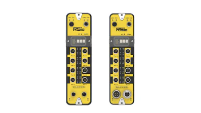 Two RS10 industrial I/O control modules with yellow and black casing, featuring multiple input/output ports and configuration buttons