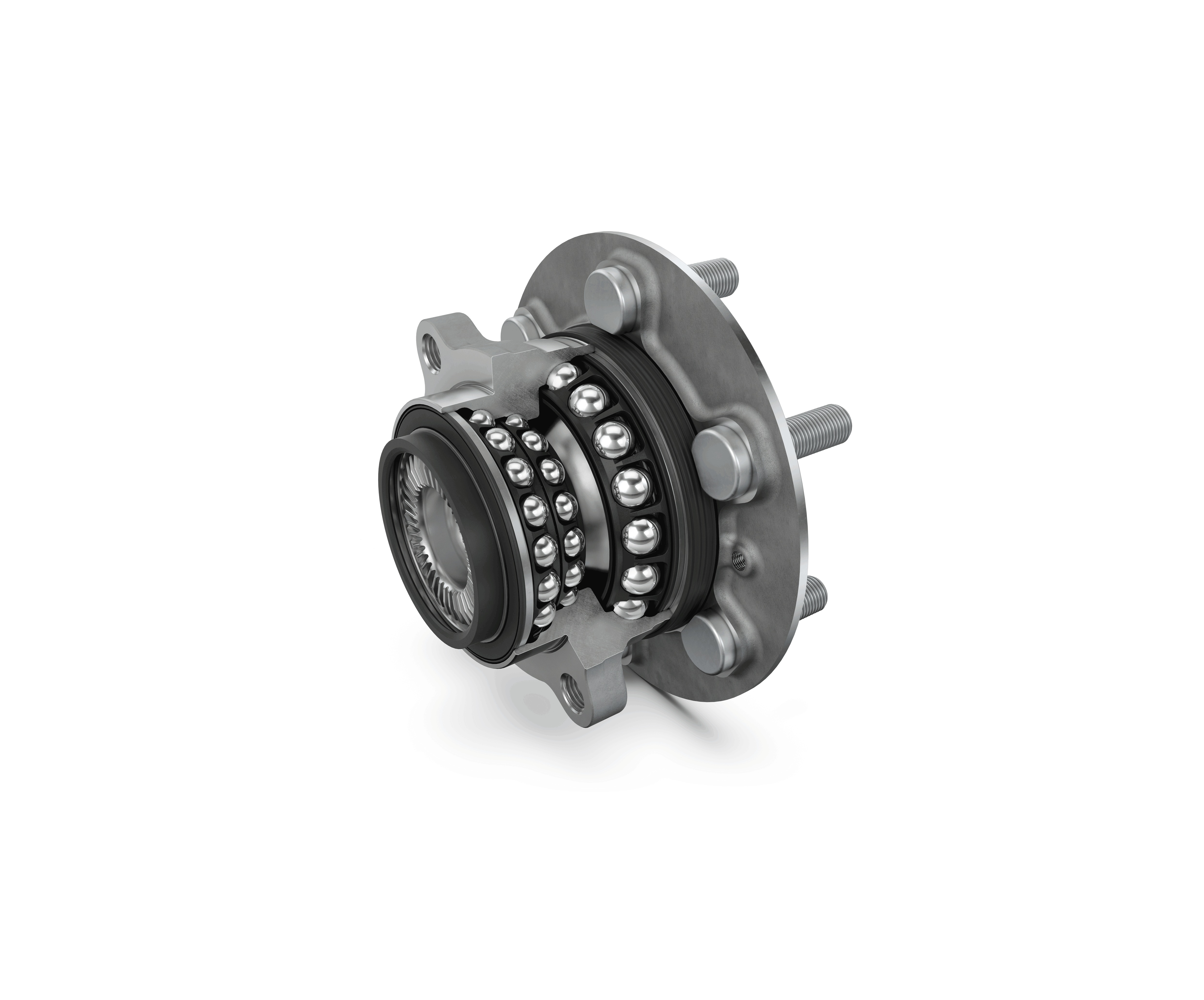 Wheel hub assembly with dual-row ball bearings and metal housing on white background