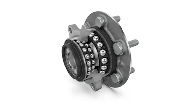 Wheel hub assembly with dual-row ball bearings and metal housing on white background