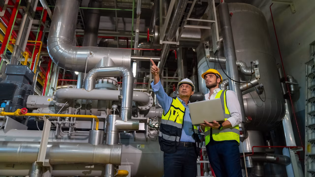 Two industrial workers in safety gear inspecting large HVAC piping systems in a mechanical facility