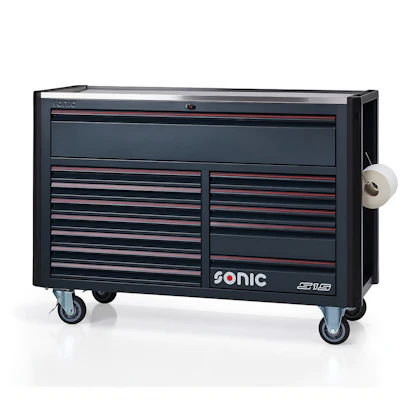 Sonic brand rolling tool chest with multiple drawers and red accent trim on casters